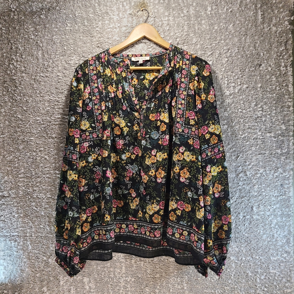 Rose + Olive Blouse Popover Peasant Boho Floral Large Puff Sleeve Polyester READ